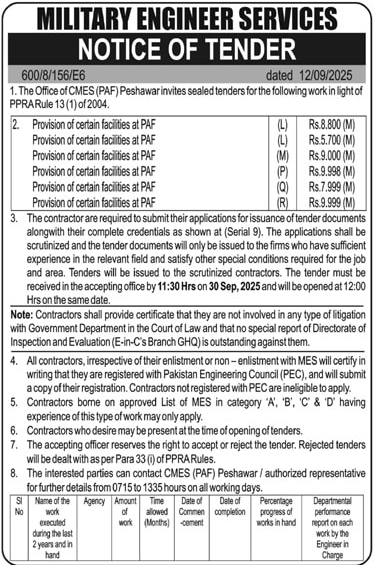 Military Engineer Services Tender Notice